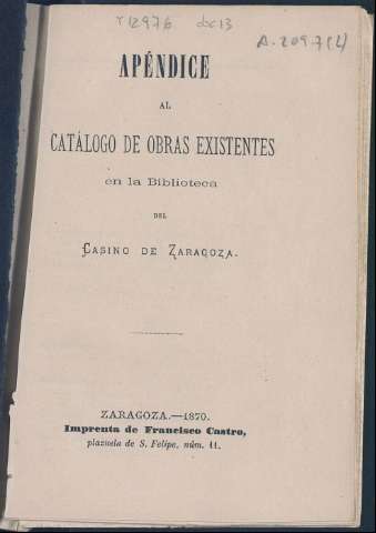 Apéndice al catálogo de obras existentes en la... (1870)